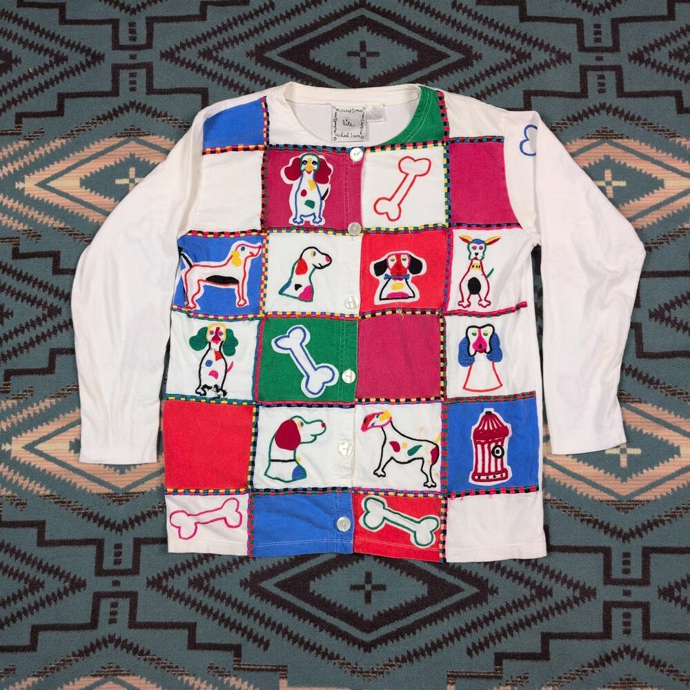 Vintage Michael Simon Sweater Wearable Art Cotton Knit Dogs 3D Knit Oversized S